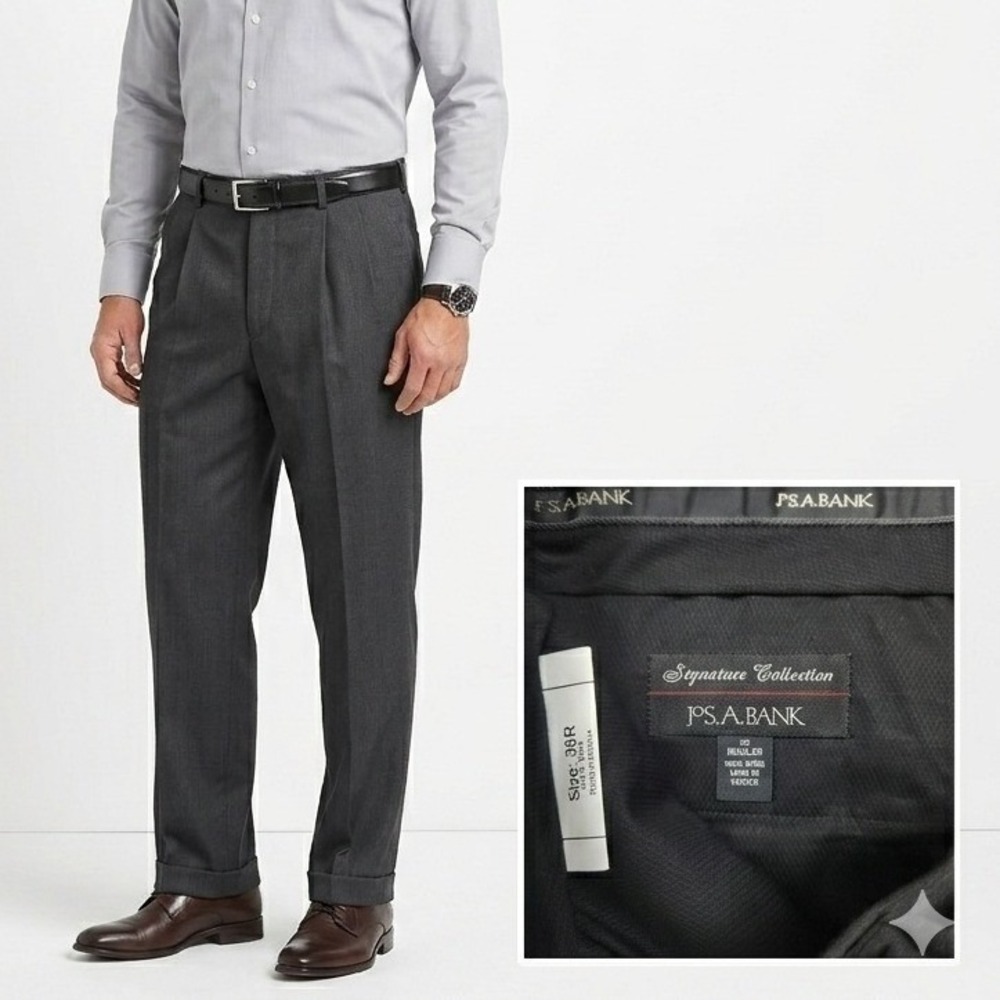 Jos A Bank Dress Pants 36x28 Gray Wool Pleated Signature Collection Trouser